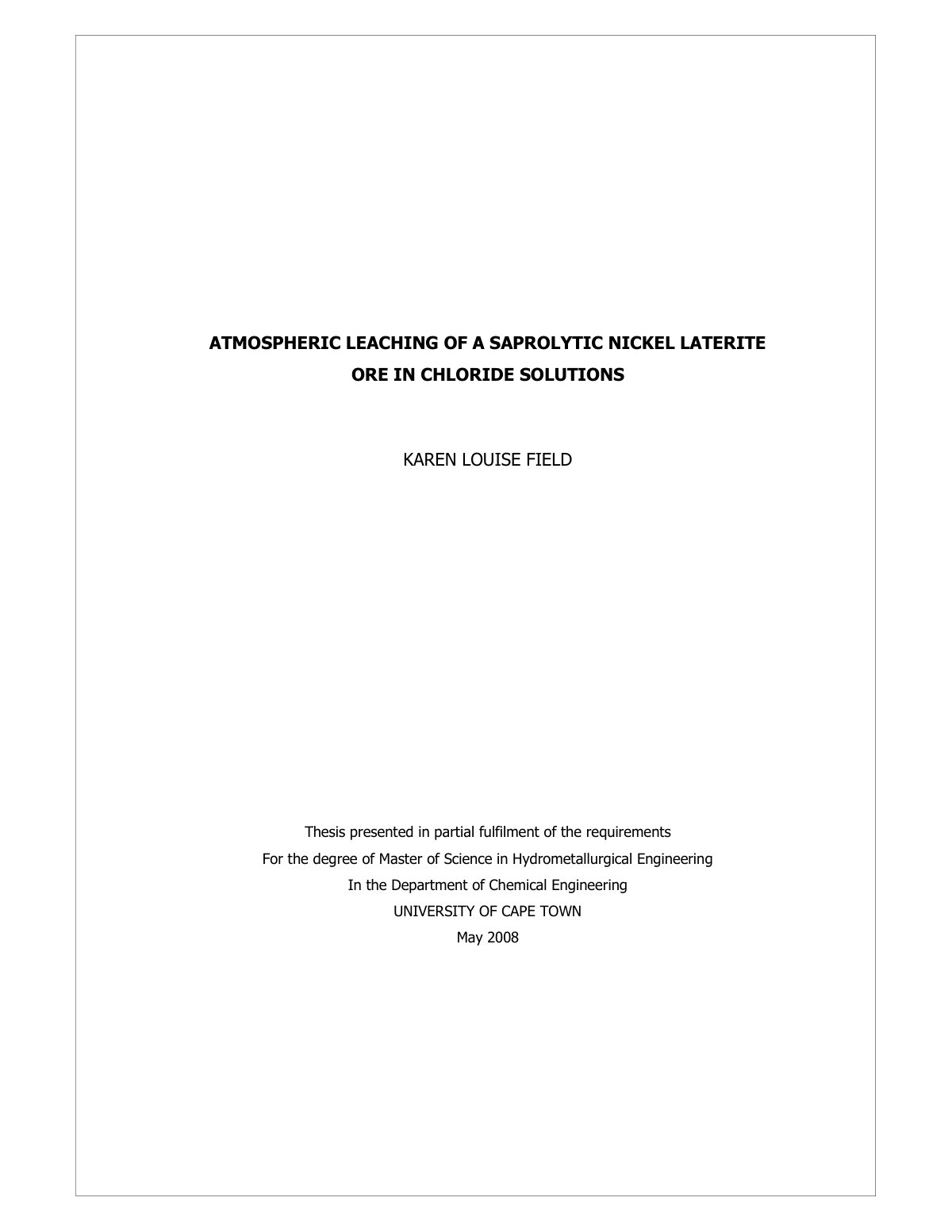 First page of ATMOSPHERIC LEACHING OF A SAPROLYTIC NICKEL LATERITE ORE IN CHLORIDE SOLUTIONS