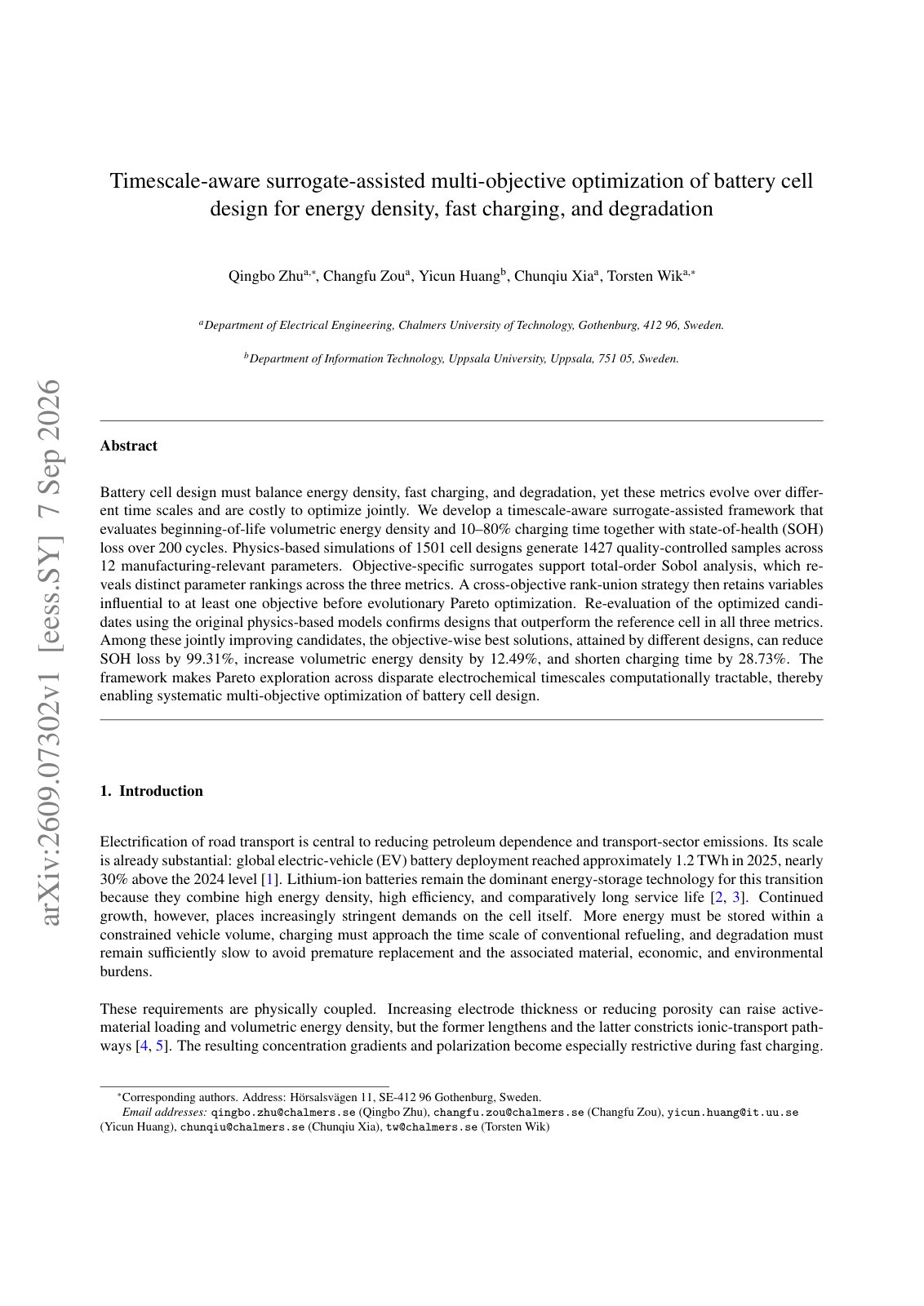 First page of Timescale-aware surrogate-assisted multi-objective optimization of battery cell design for energy density, fast charging, and degradation