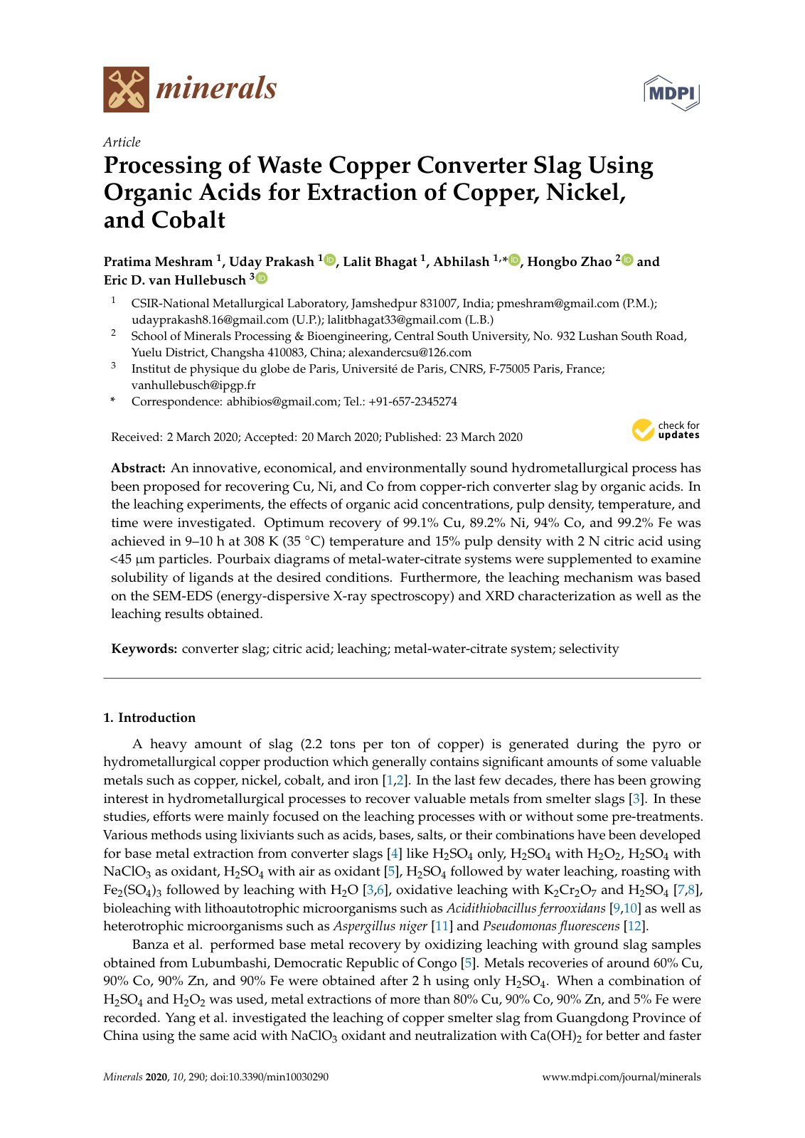 First page of Processing of Waste Copper Converter Slag Using Organic Acids for Extraction of Copper, Nickel, and Cobalt