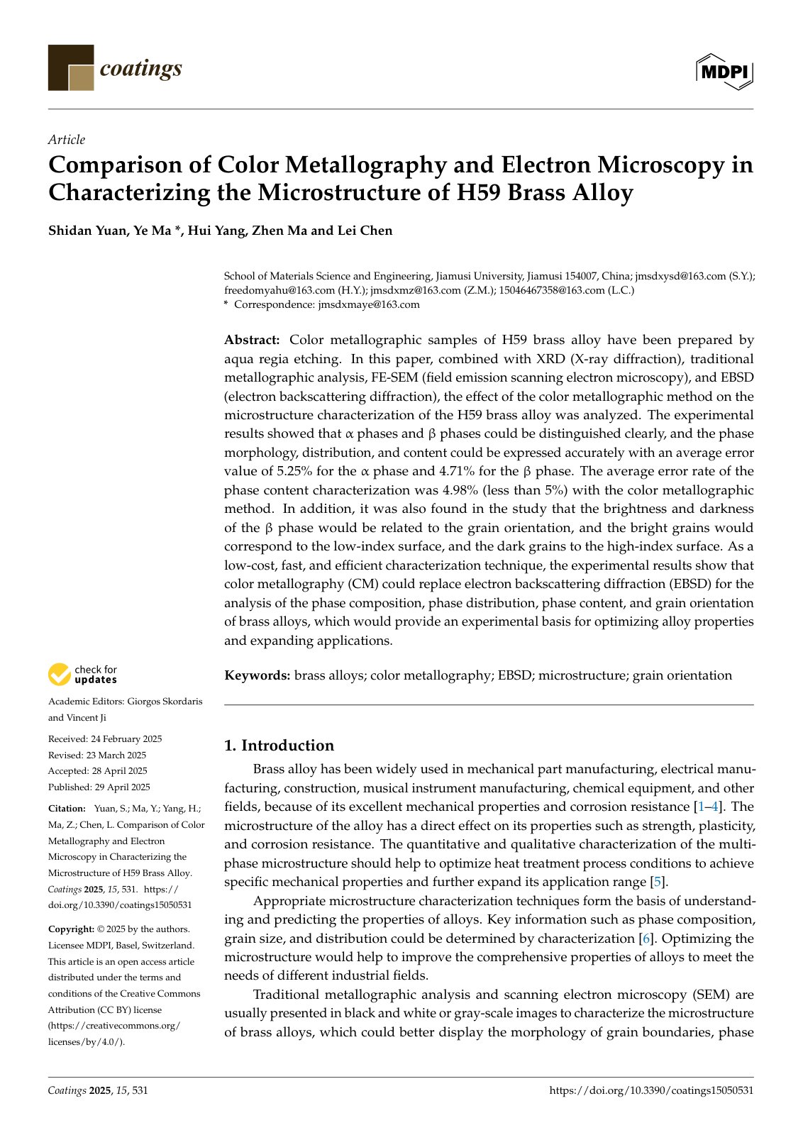 First page of Comparison of Color Metallography and Electron Microscopy in Characterizing the Microstructure of H59 Brass Alloy