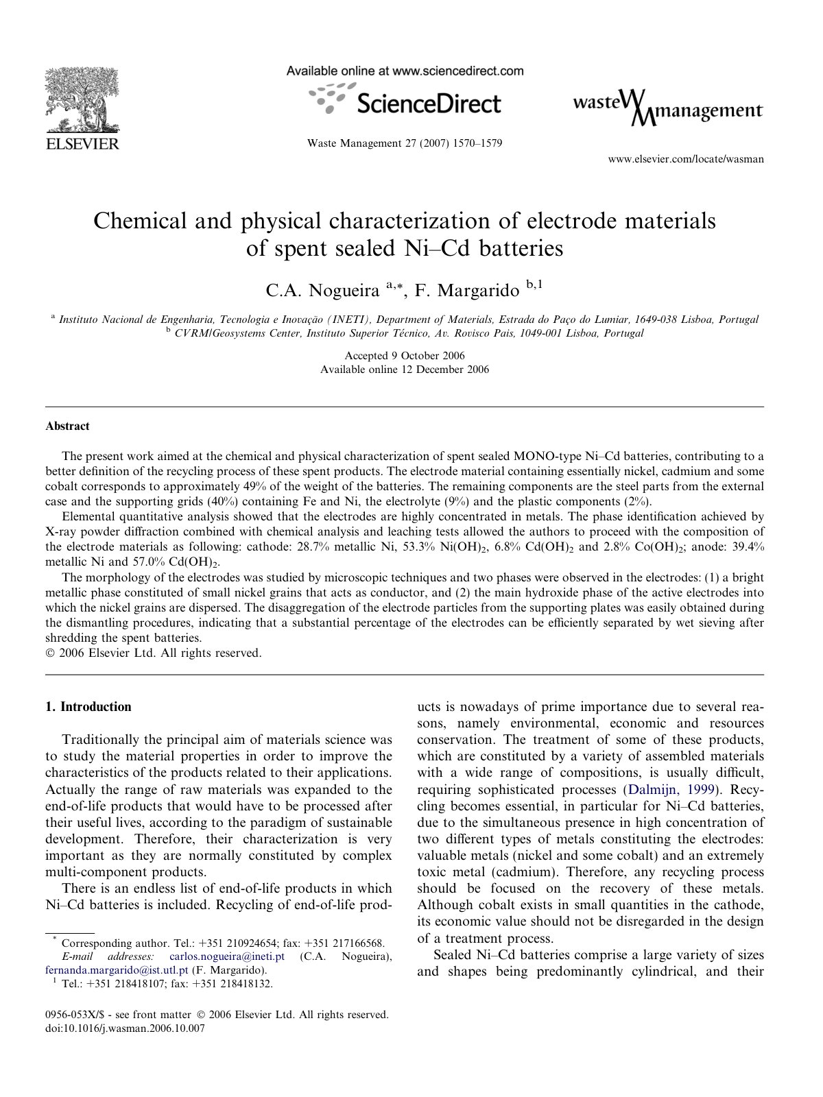 First page of Chemical and physical characterization of electrode materials of spent sealed Ni–Cd batteries
