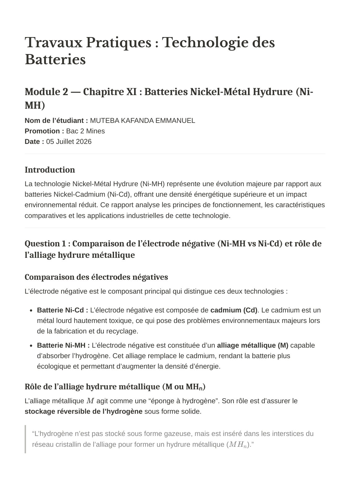 First page of Travaux Pratiques : Technologie des Batteries Module 2 — Chapitre XI : Batteries Nickel-Métal Hydrure (Ni-MH)
