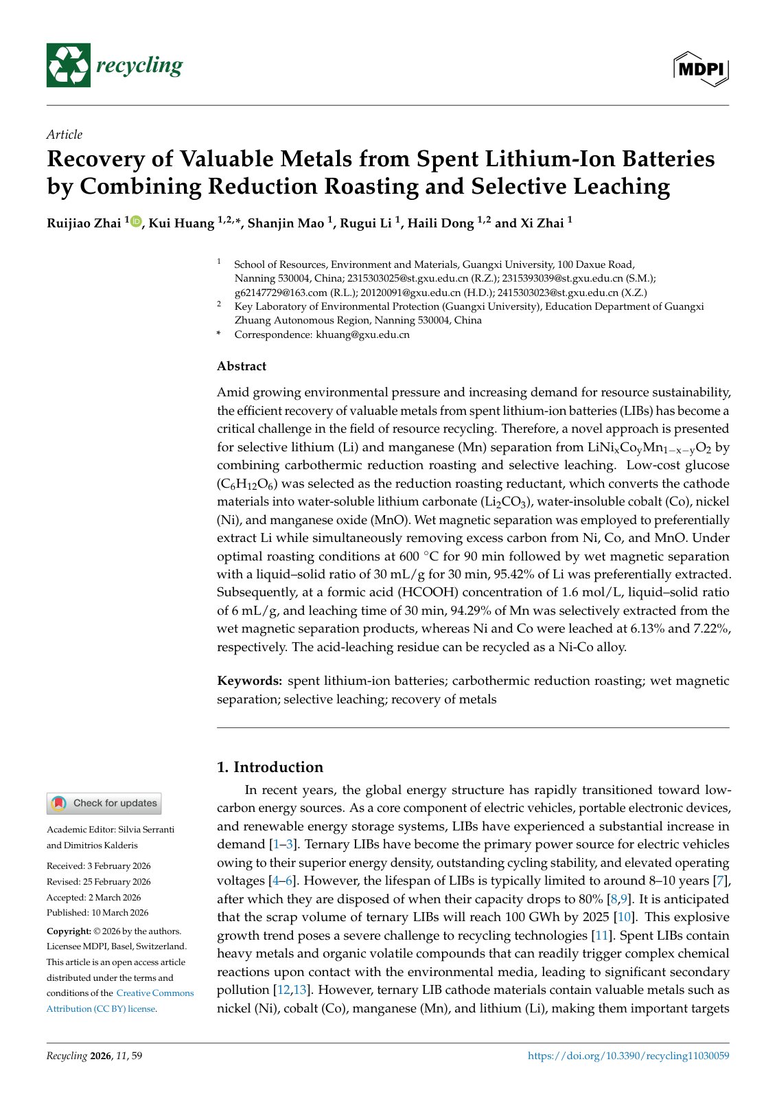 First page of 2026   Zhai   Reduction Roasting and Selective Battery Leaching
