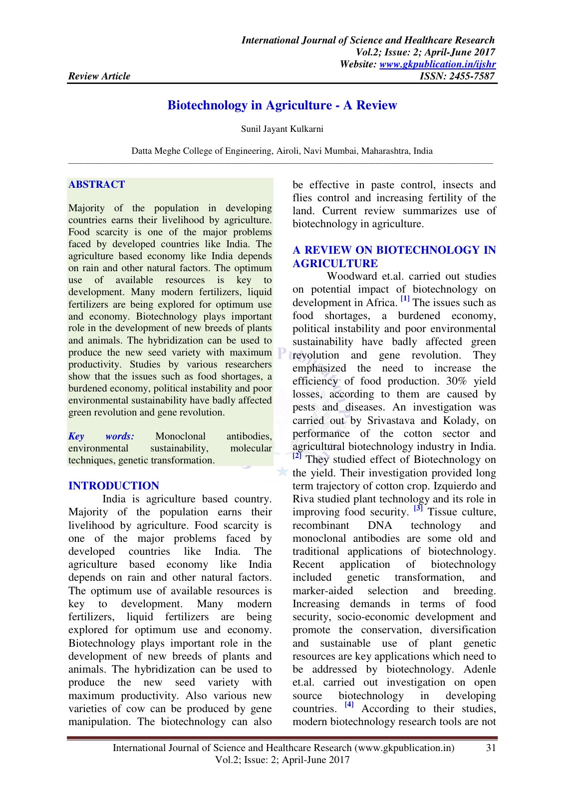 First page of Biotechnology in Agriculture - A Review