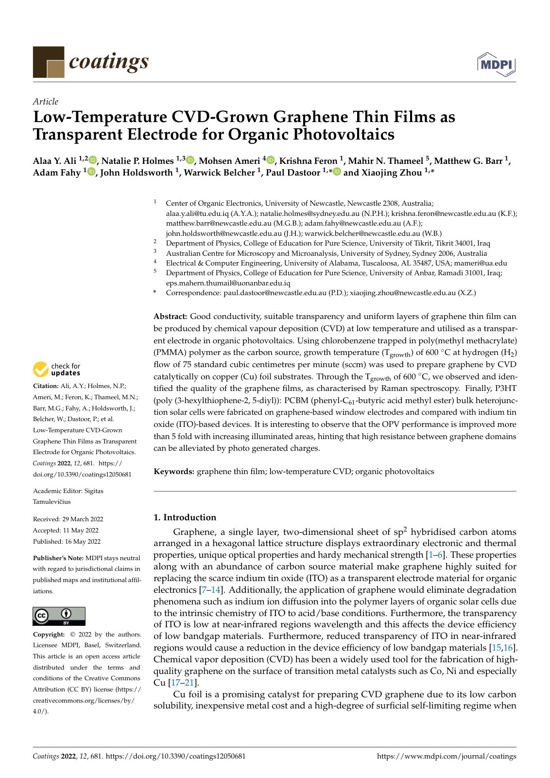 First page of Low-Temperature CVD-Grown Graphene Thin Films as Transparent Electrode for Organic Photovoltaics
