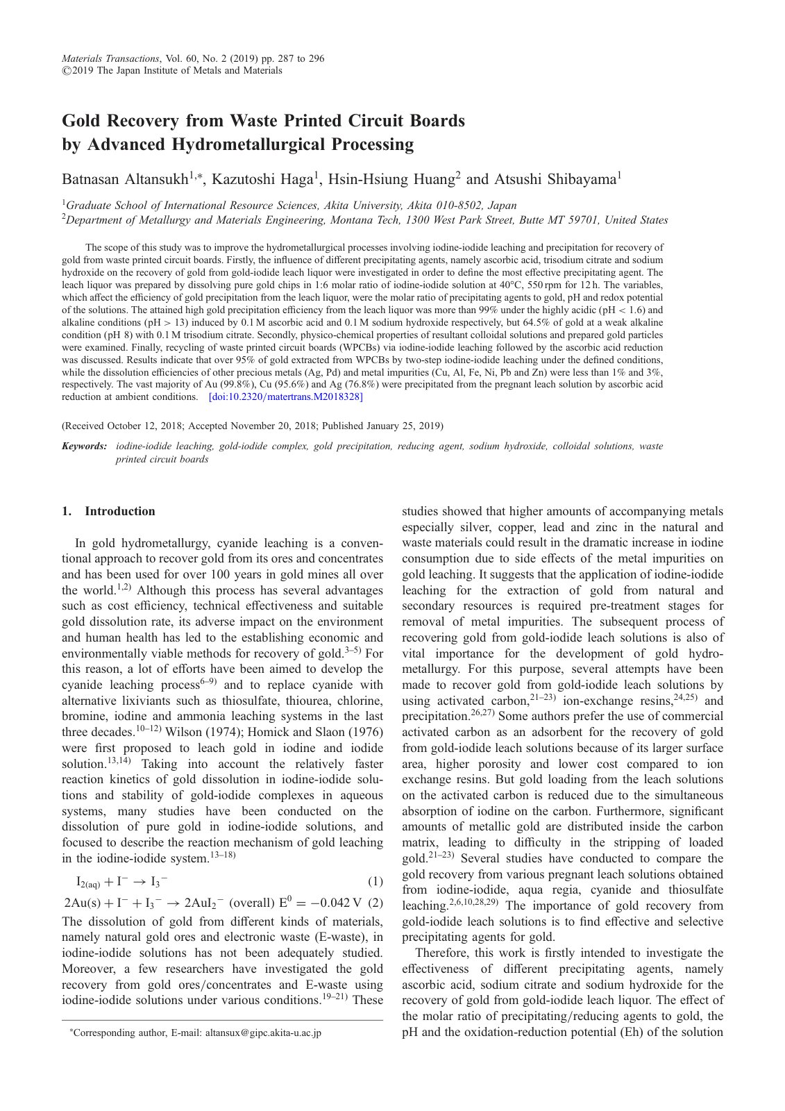 First page of Gold Recovery from Waste Printed Circuit