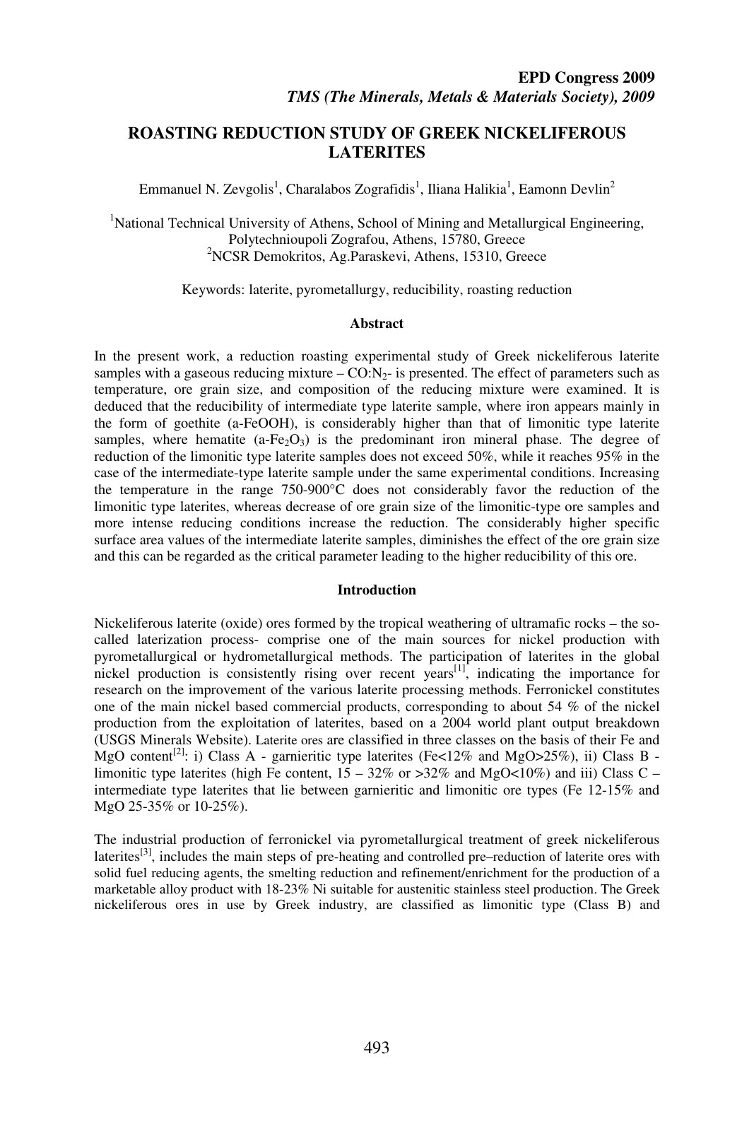 First page of ROASTING REDUCTION STUDY OF GREEK NICKELIFEROUS LATERITES