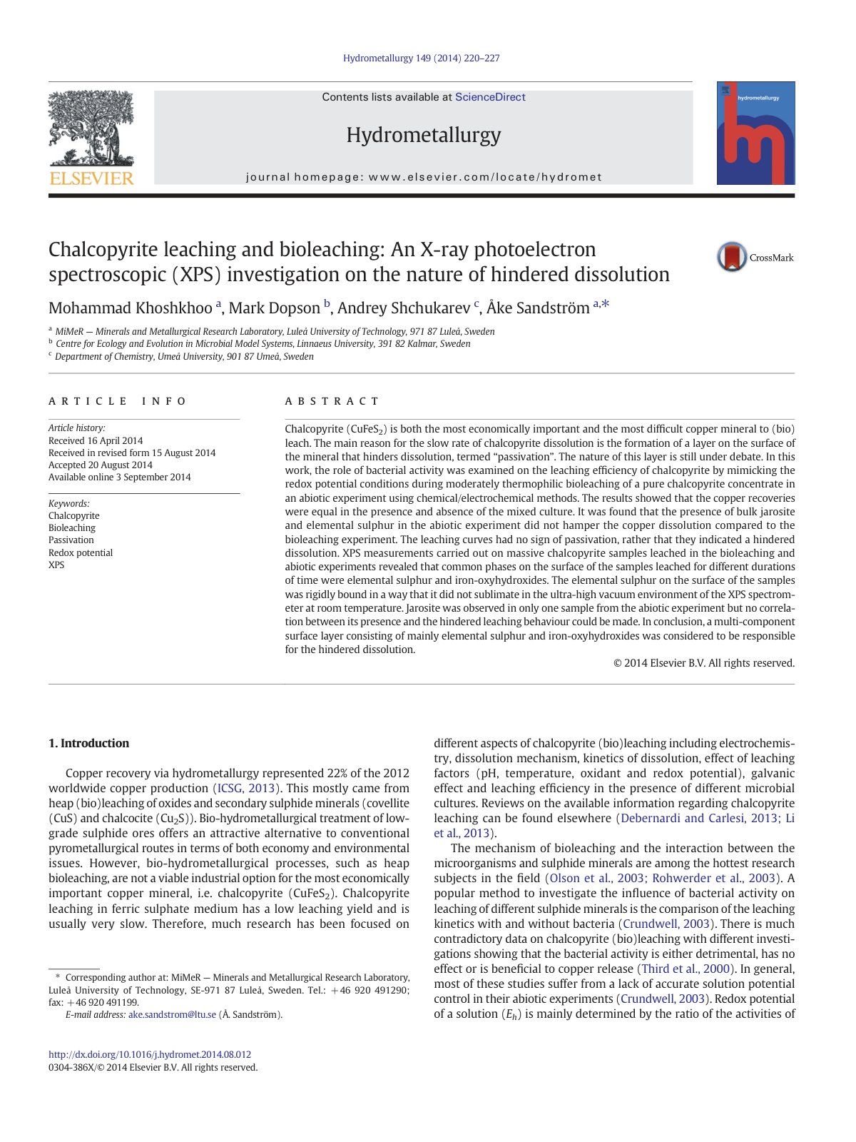 First page of Chalcopyrite leaching and bioleaching An