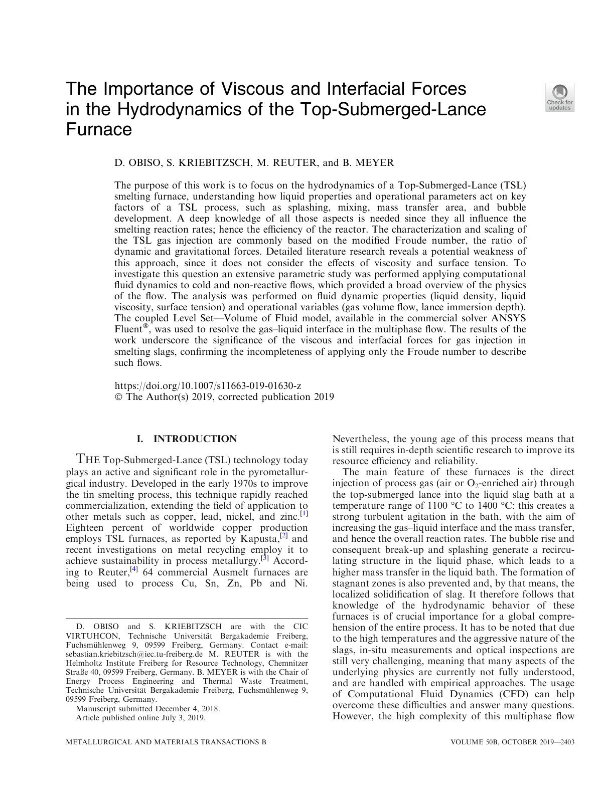 First page of The Importance of Viscous and Interfacial Forces in the Hydrodynamics of the Top-Submerged-Lance Furnace