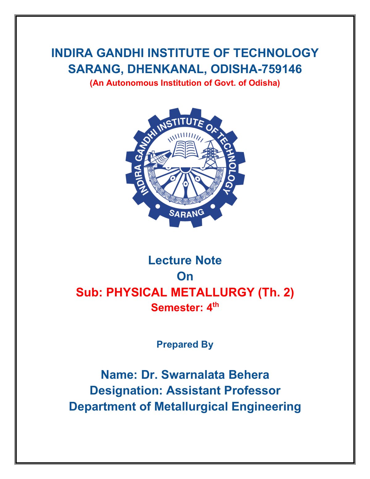 First page of INDIRA GANDHI INSTITUTE OF TECHNOLOGY