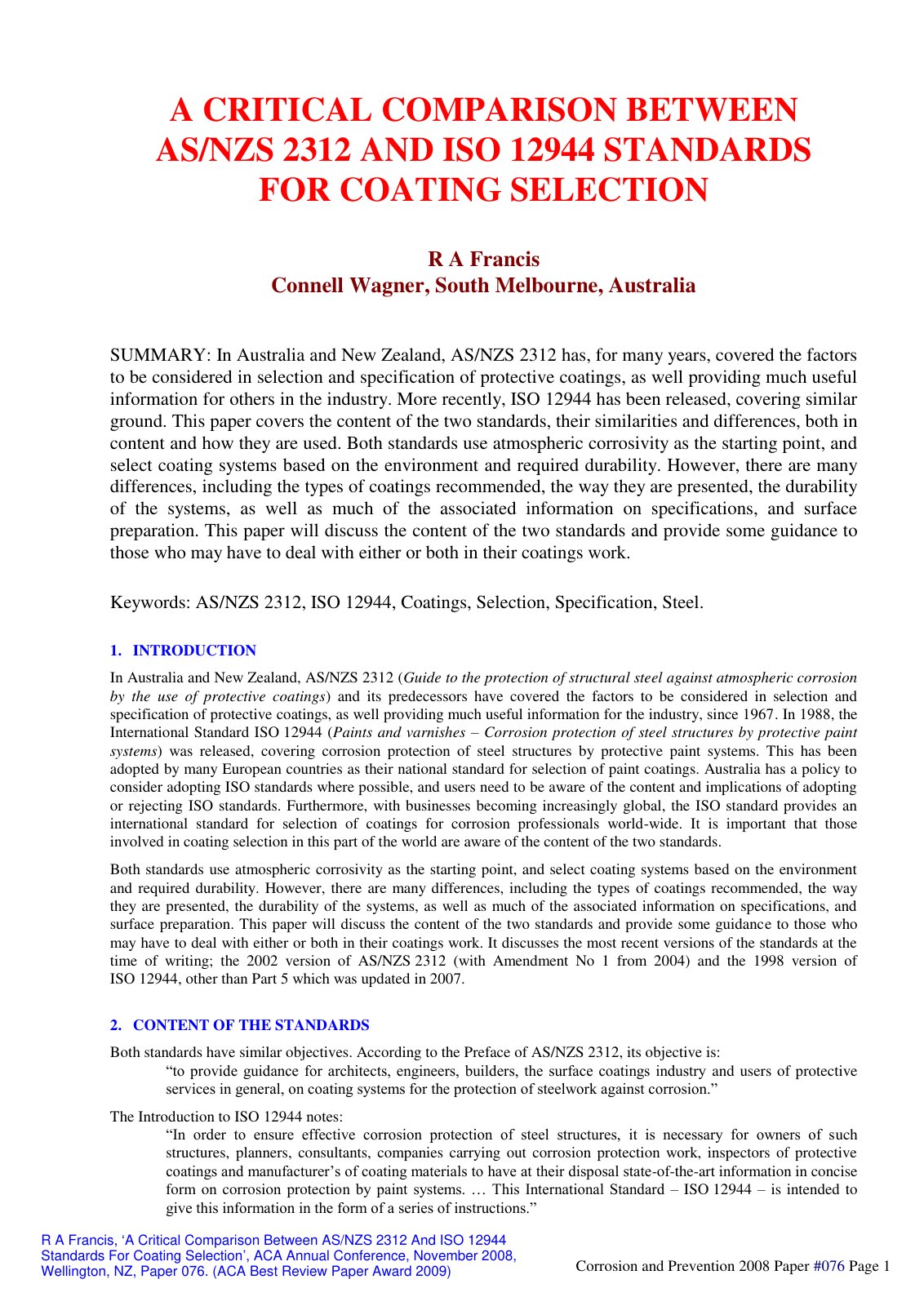 First page of A CRITICAL COMPARISON BETWEEN AS/NZS 2312 AND ISO 12944 STANDARDS FOR COATING SELECTION