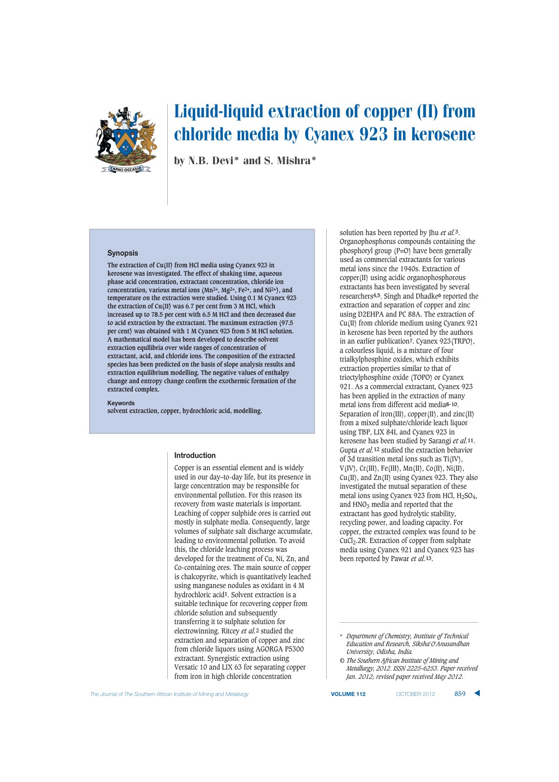 First page of Liquid liquid extraction of copper II fr