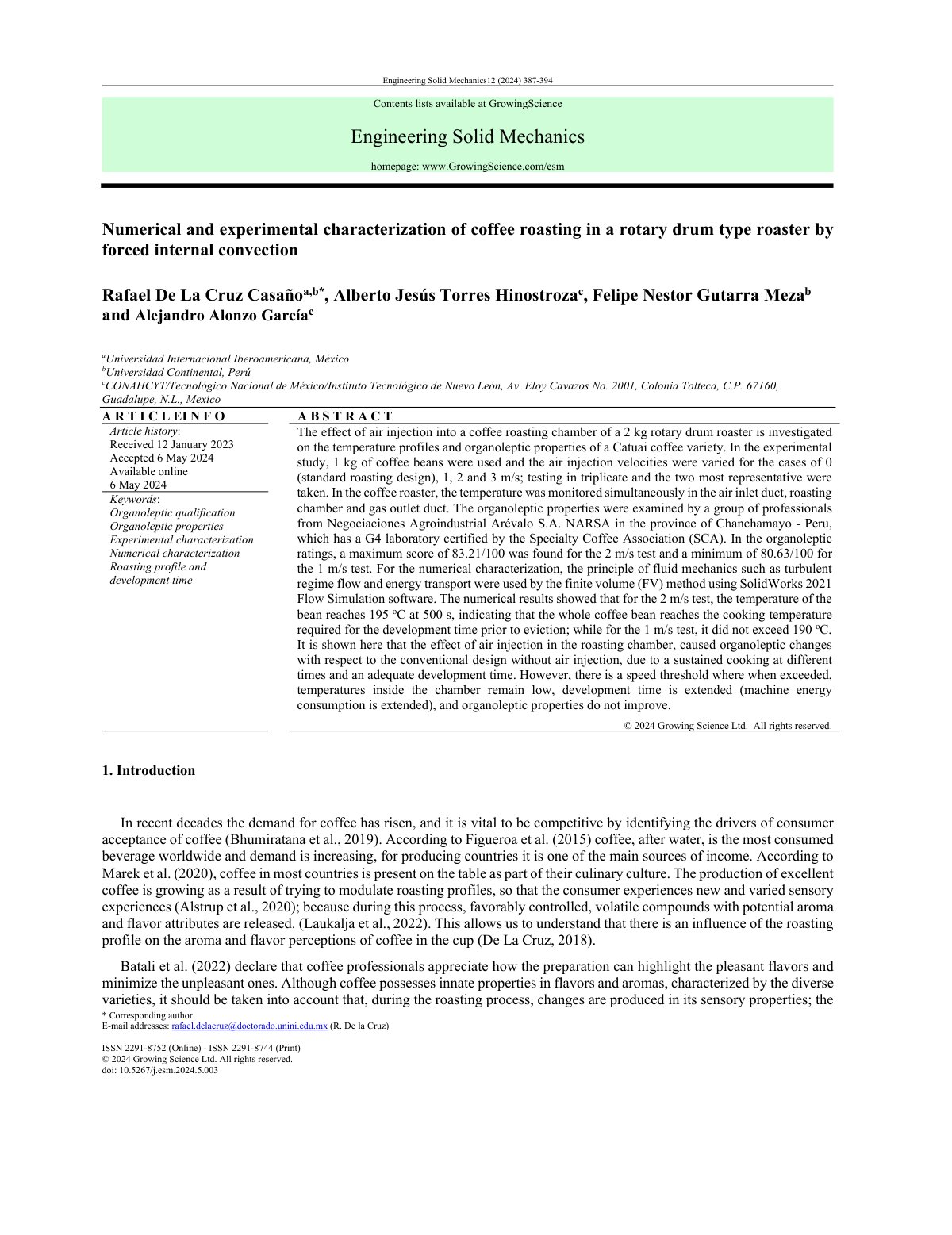 First page of Numerical and experimental characterization of coffee roasting in a rotary drum type roaster by forced internal convection