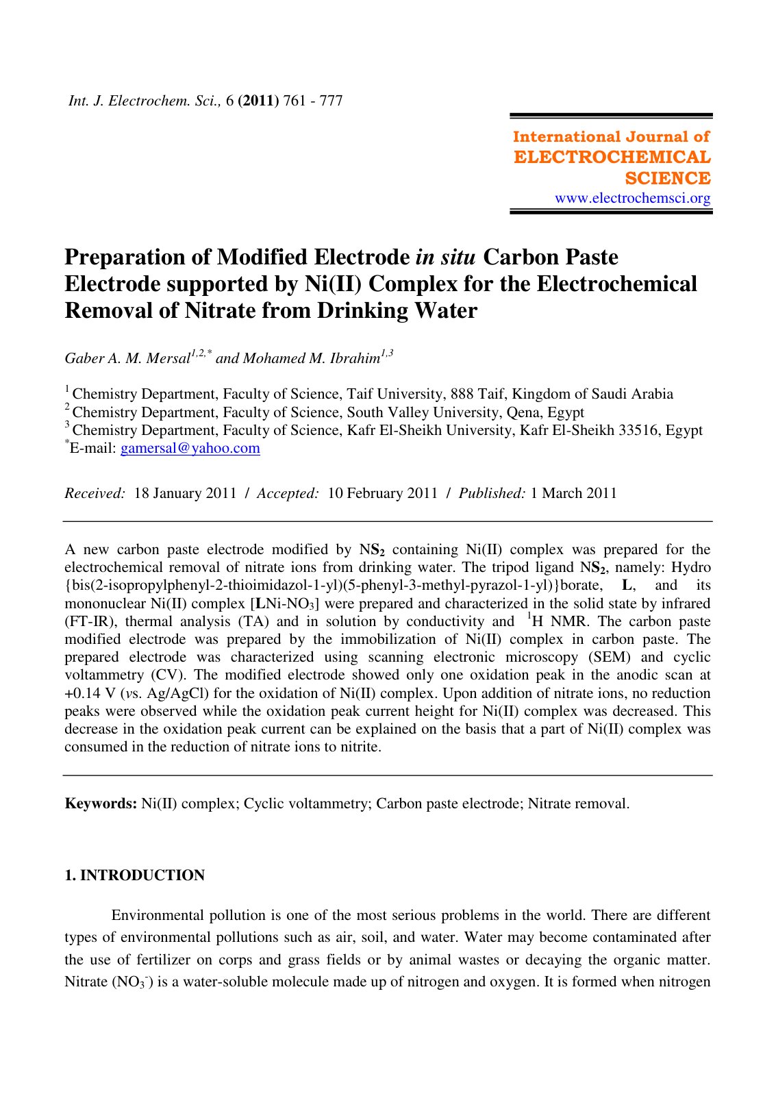 First page of Preparation of Modified Electrode in situ Carbon Paste Electrode supported by Ni(II) Complex for the Electrochemical Removal of Nitrate from Drinking Water