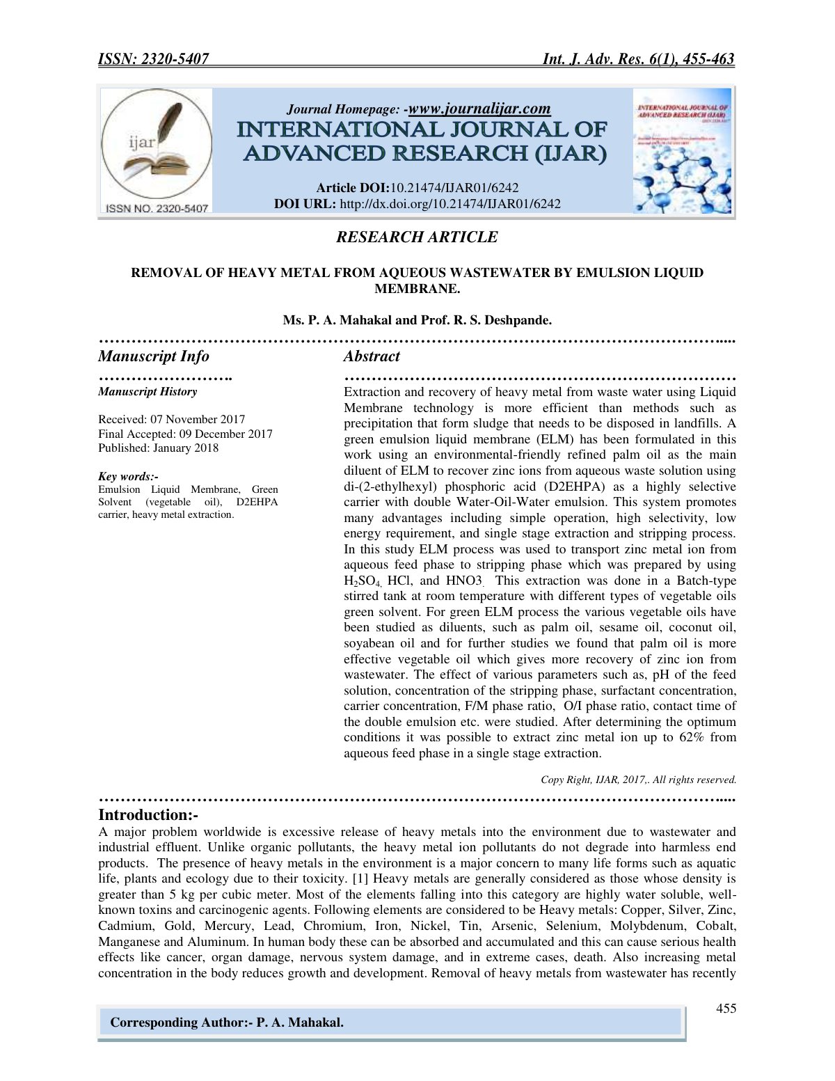 First page of REMOVAL OF HEAVY METAL FROM AQUEOUS WASTEWATER BY EMULSION LIQUID MEMBRANE