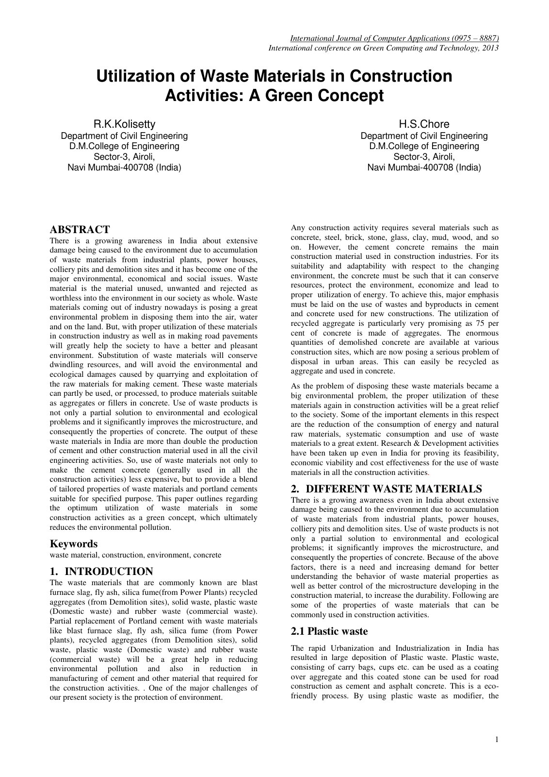 First page of Utilization of Waste Materials in Construction Activities: A Green Concept