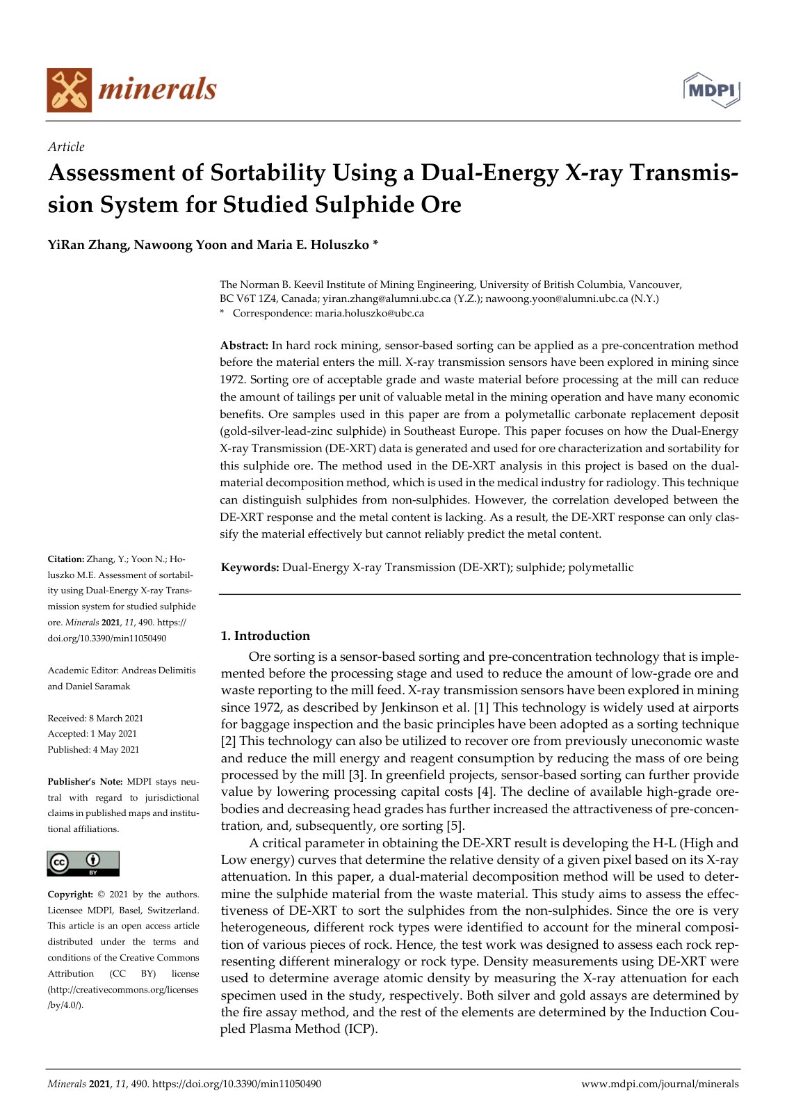 First page of Minerals 2021, 11, 490. https://doi.org/10.3390/min11050490