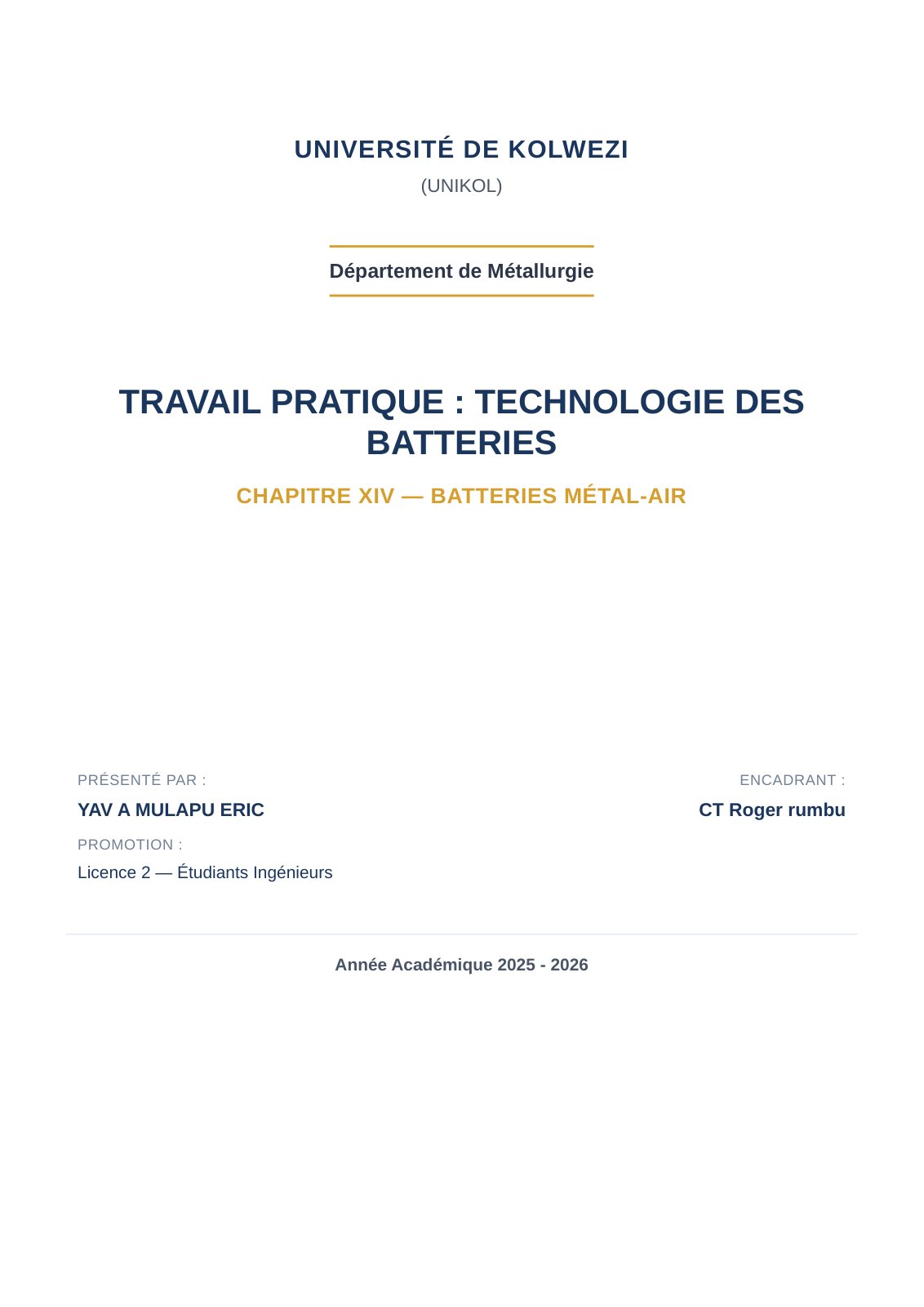 First page of TRAVAIL PRATIQUE : TECHNOLOGIE DES BATTERIES CHAPITRE XIV — BATTERIES MÉTAL-AIR