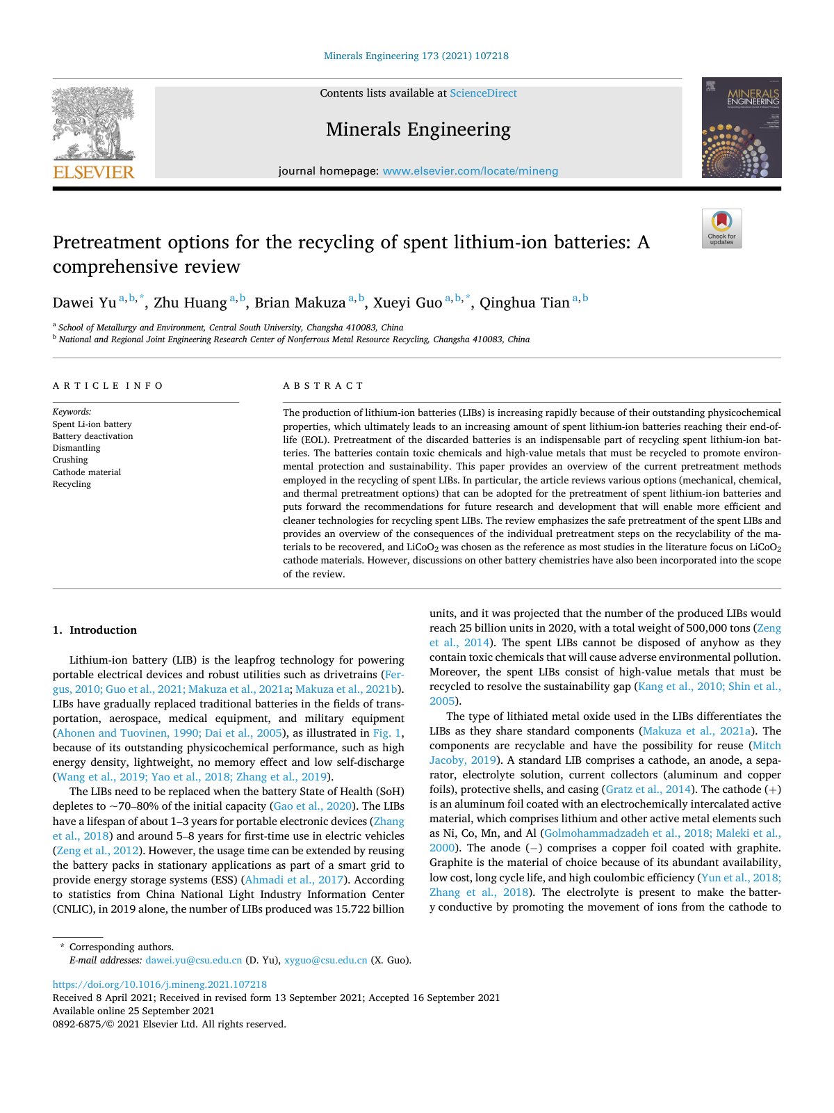 First page of Pretreatment options for the recycling of spent lithium-ion batteries: A comprehensive review