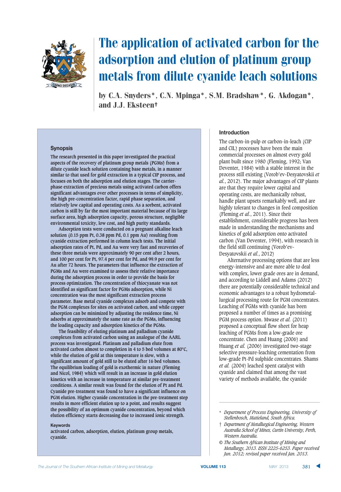 First page of The application of activated carbon for the adsorption and elution of platinum group metals from dilute cyanide leach solutions