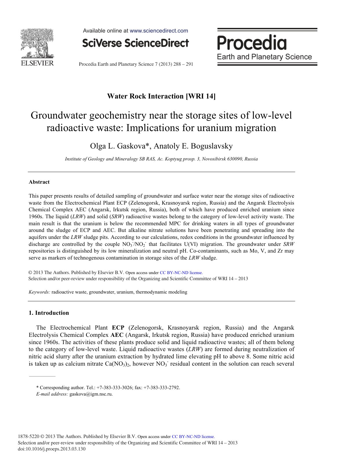 First page of Groundwater geochemistry near the storage sites of low-level radioactive waste: Implications for uranium migration