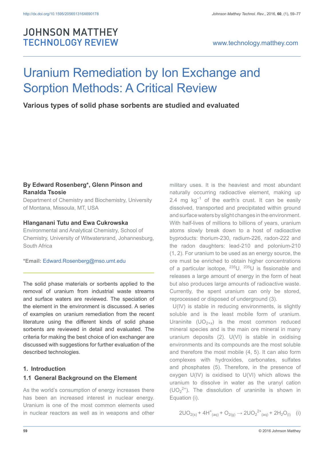 First page of Uranium Remediation by Ion Exchange and Sorption Methods: A Critical Review