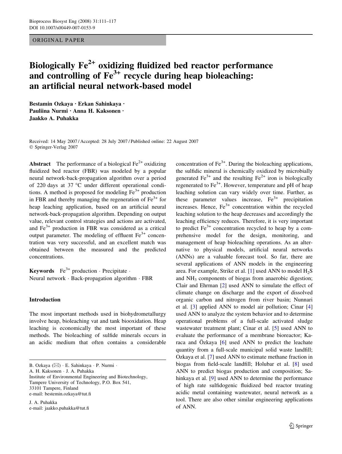 First page of Biologically Fe2+ oxidizing ﬂuidized bed reactor performance and controlling of Fe3+ recycle during heap bioleaching: an artiﬁcial neural network-based model