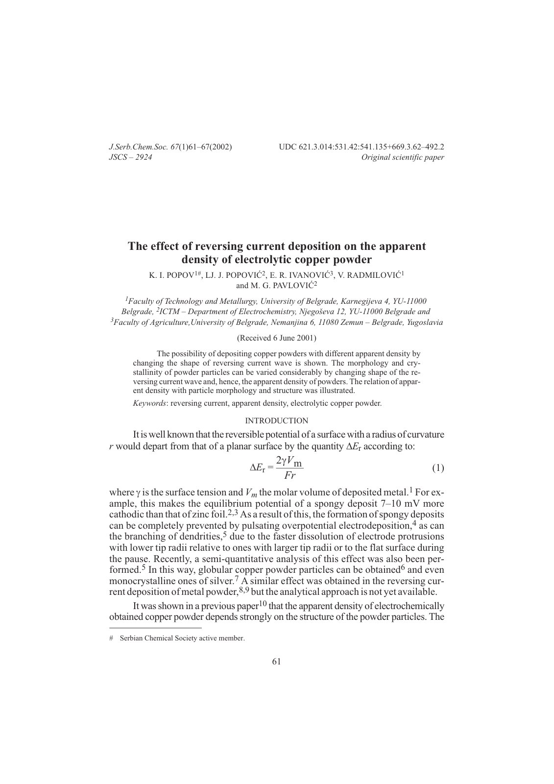 First page of The effect of reversing current deposition on the apparent density of electrolytic copper powder
