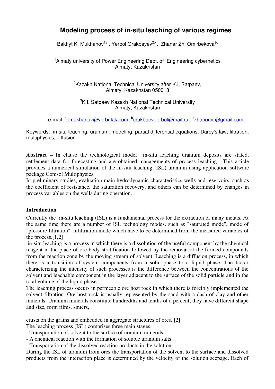 First page of Modeling process of in situ leaching of