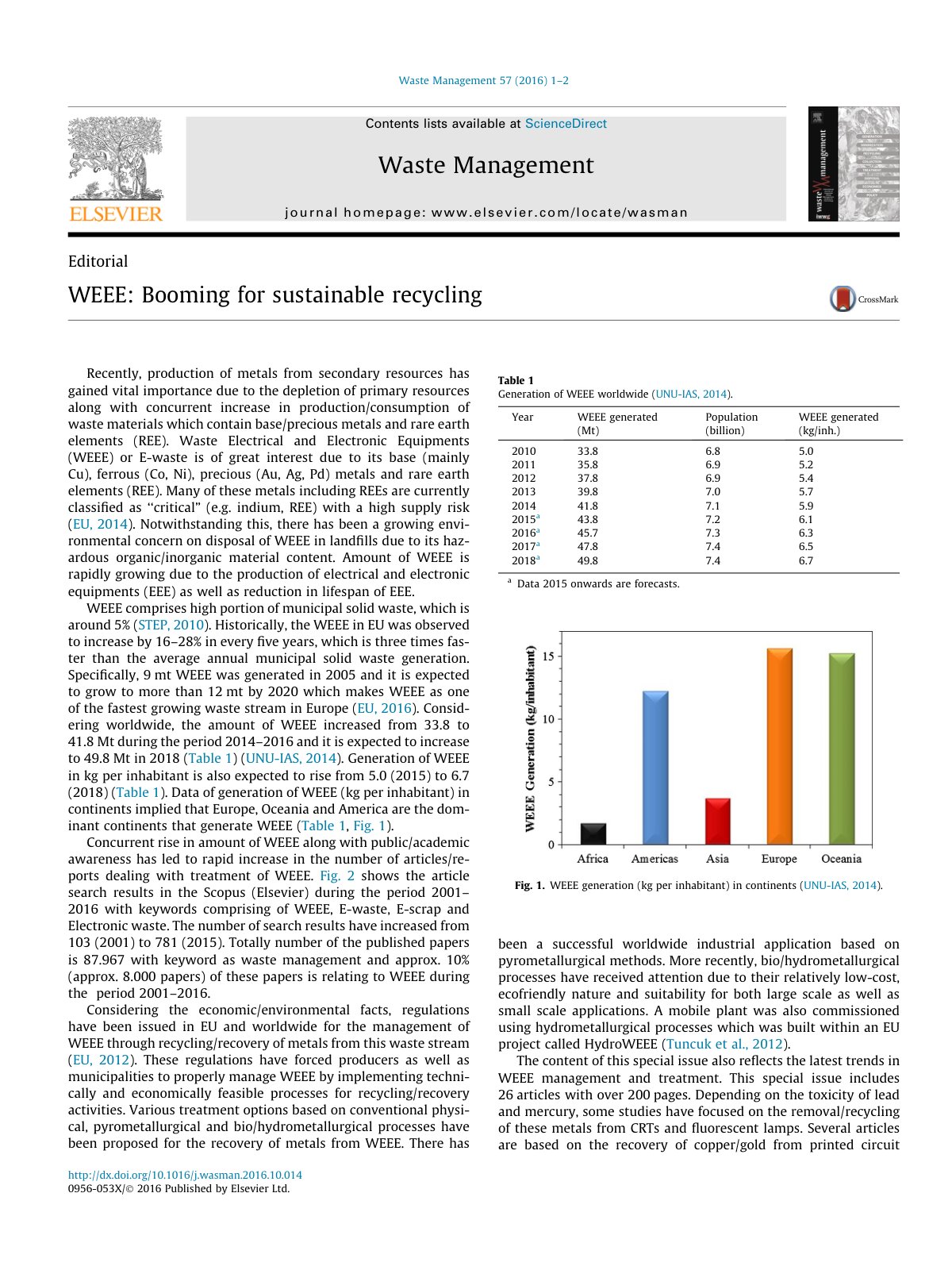 First page of WEEE  Booming for sustainable recycling 2016 Waste Management