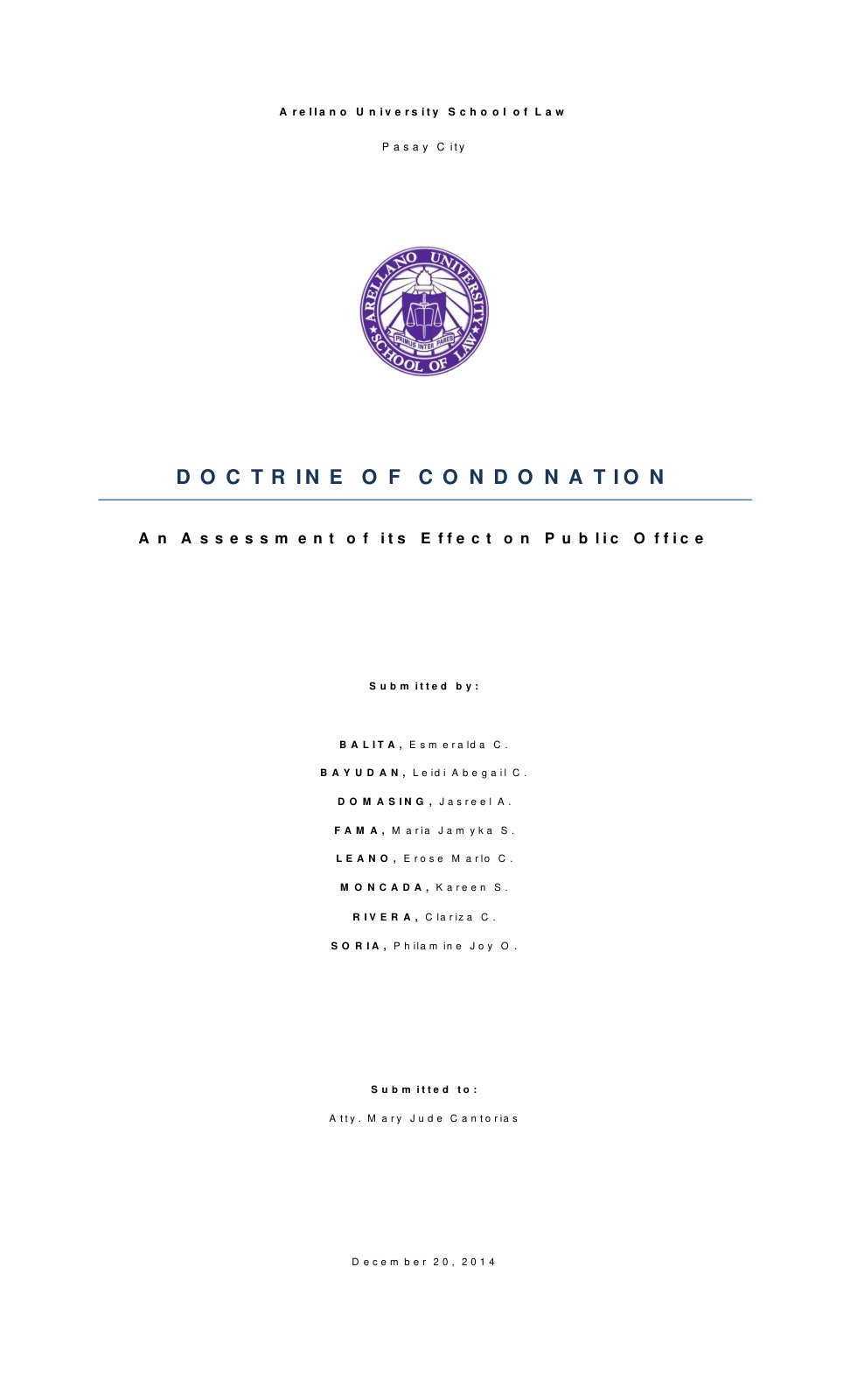 First page of Doctrine of Condonation: An Assessment of its Effect on Public Office