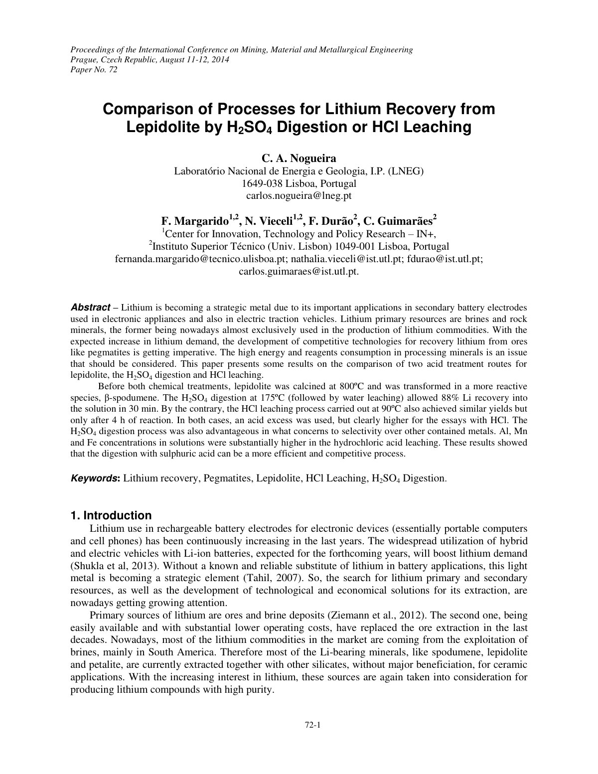 First page of Comparison of Processes for Lithium Reco