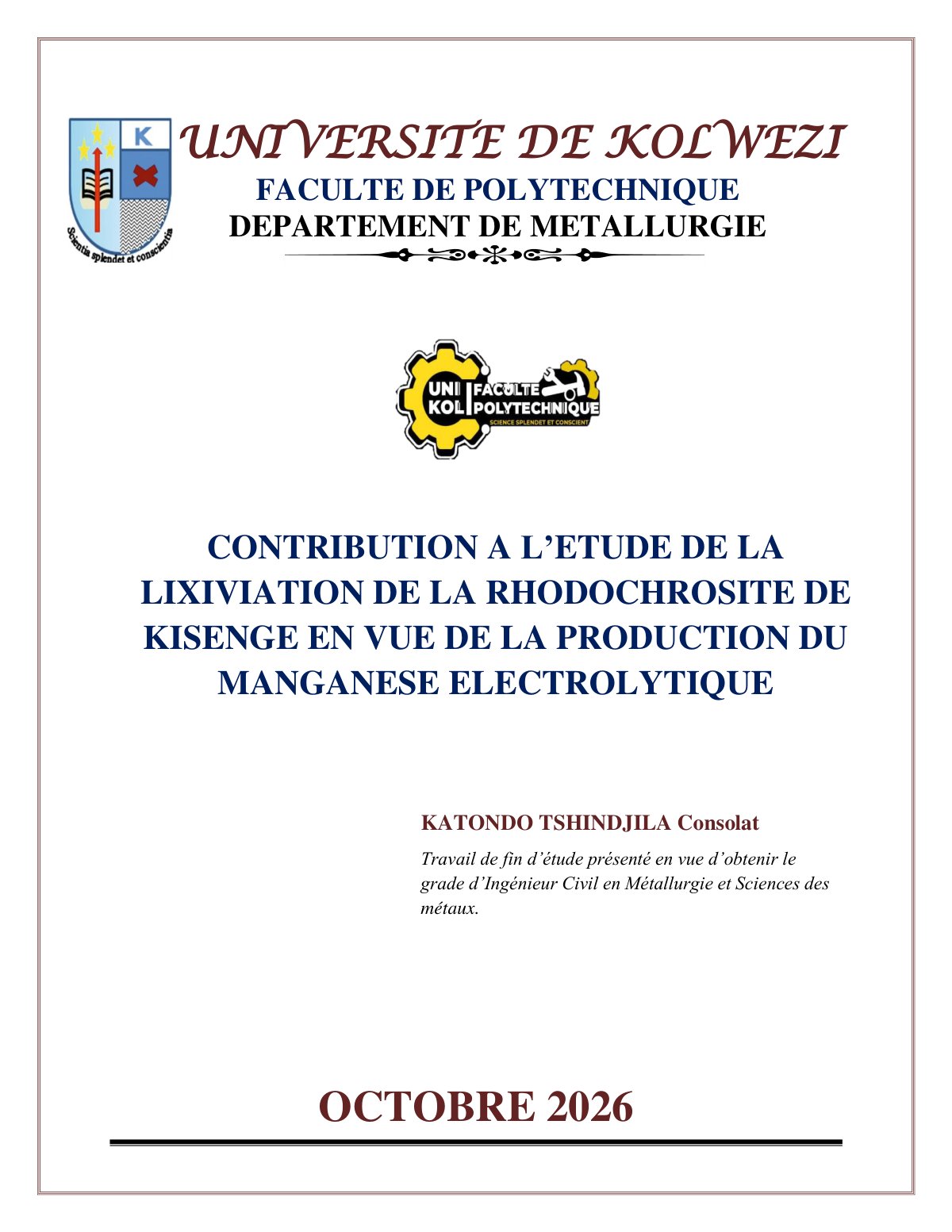 First page of CONTRIBUTION A L’ETUDE DE LA LIXIVIATION DE LA RHODOCHROSITE DE KISENGE EN VUE DE LA PRODUCTION DU MANGANESE ELECTROLYTIQUE