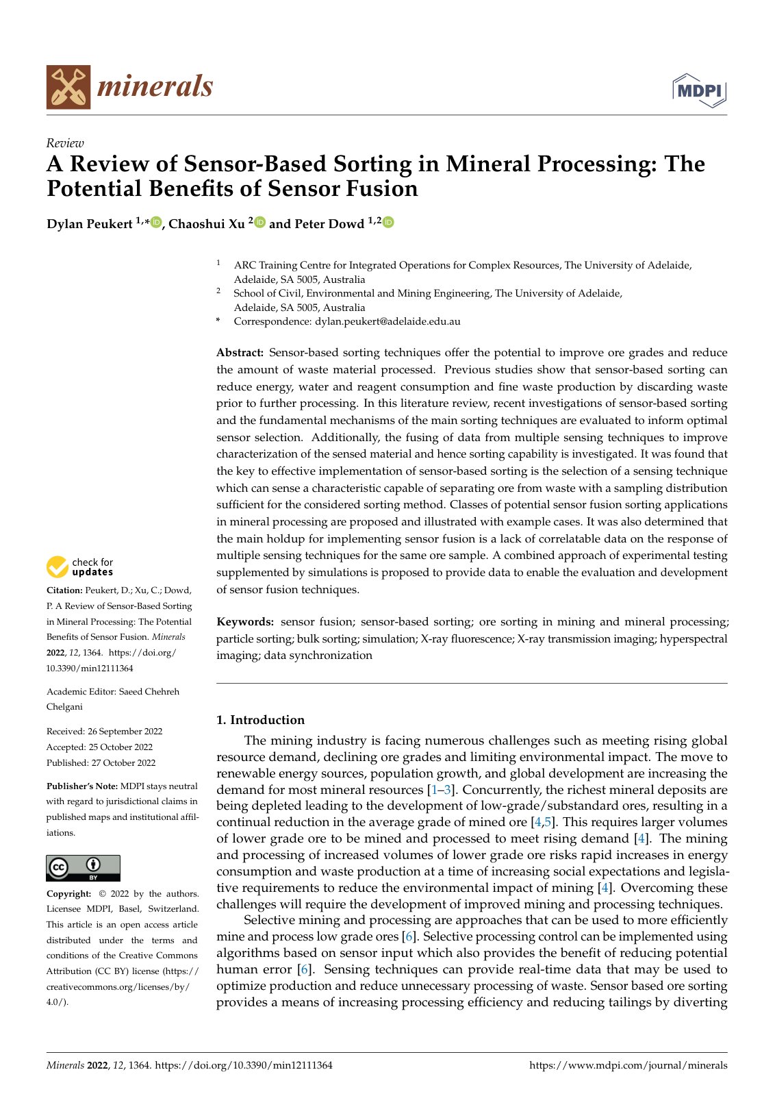 First page of A Review of Sensor-Based Sorting in Mineral Processing: The Potential Benefits of Sensor Fusion