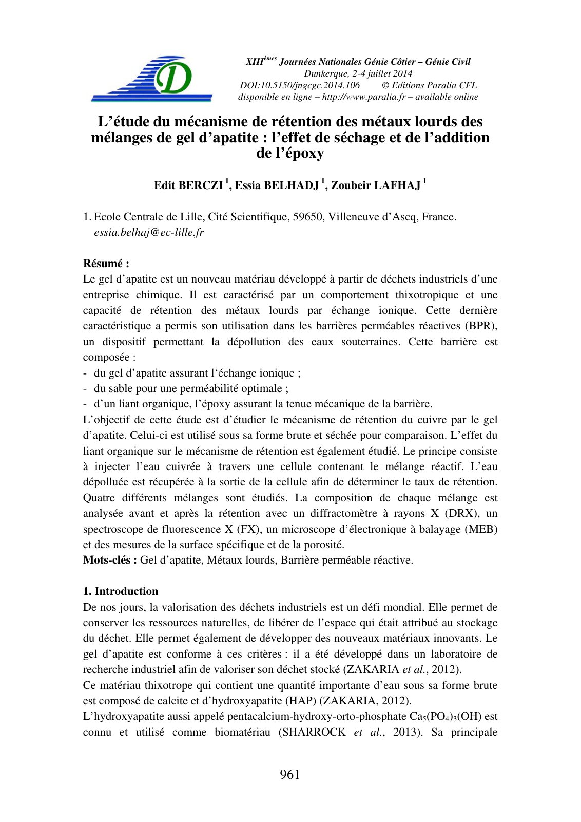 First page of L’étude du mécanisme de rétention des métaux lourds des mélanges de gel d’apatite : l’effet de séchage et de l’addition de l’époxy