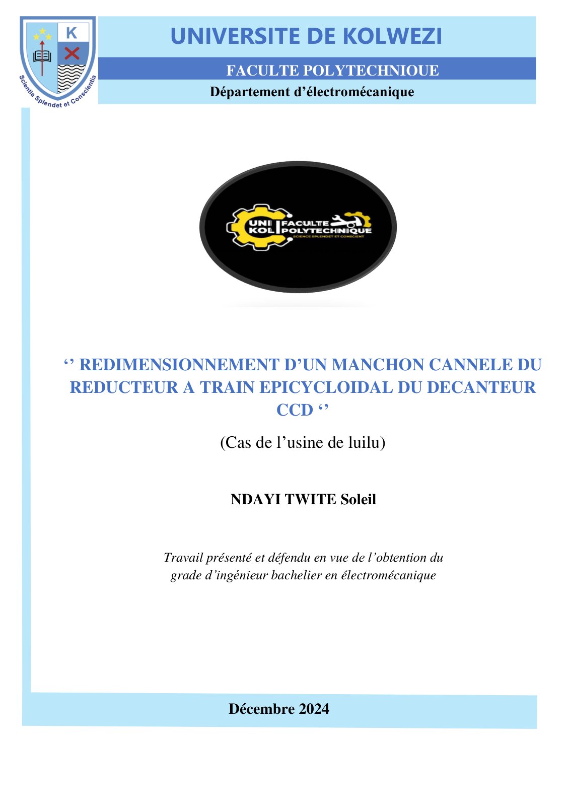 First page of REDIMENSIONNEMENT D’UN MANCHON CANNELE DU REDUCTEUR A TRAIN EPICYCLOIDAL DU DECANTEUR CCD