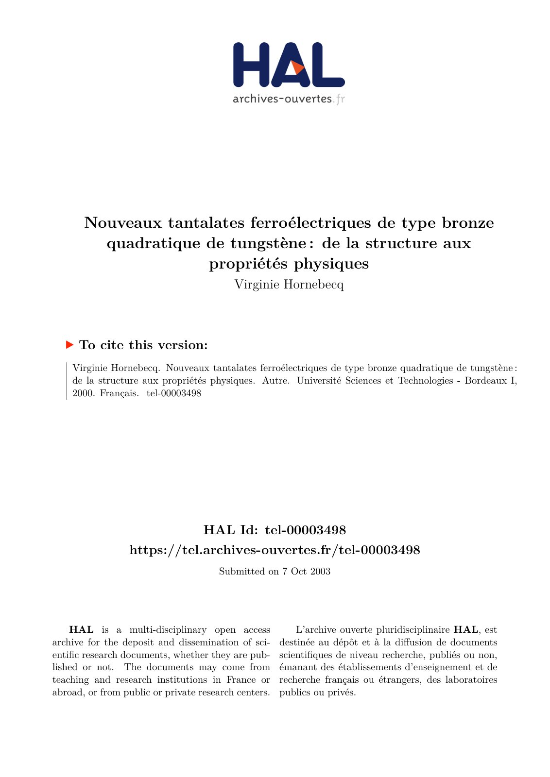 First page of Nouveaux tantalates ferroelectriques de