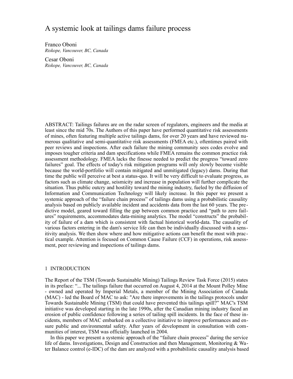 First page of A systemic look at tailings dams failure