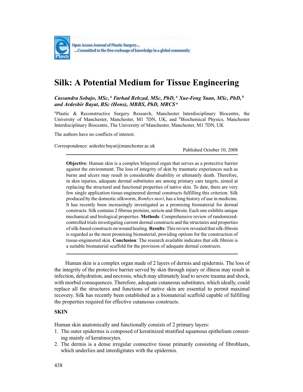 First page of Silk a potential medium for tissue engin