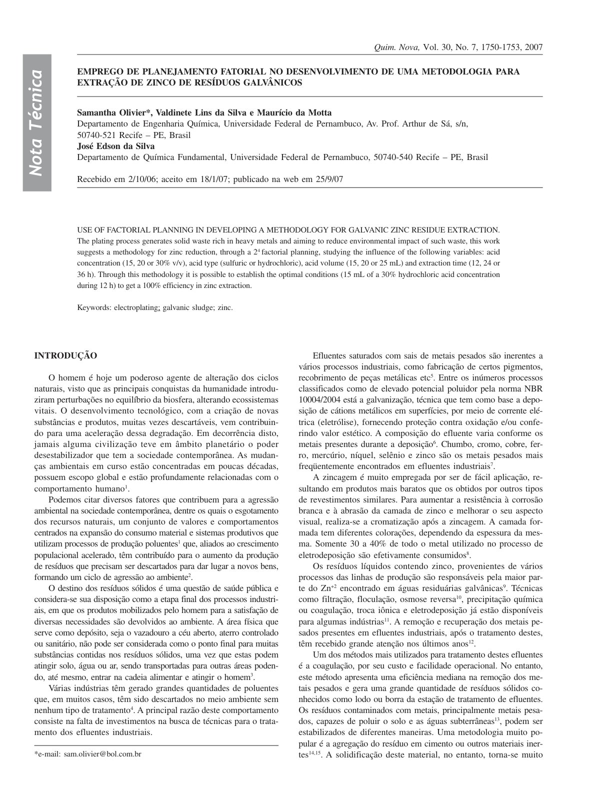 First page of Emprego de planejamento fatorial no dese