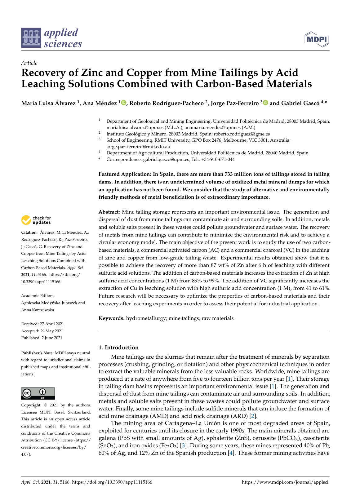 First page of Recovery of Zinc and Copper from Mine T ailings by Acid Leaching Solutions Combined with Carbon-Based Materials