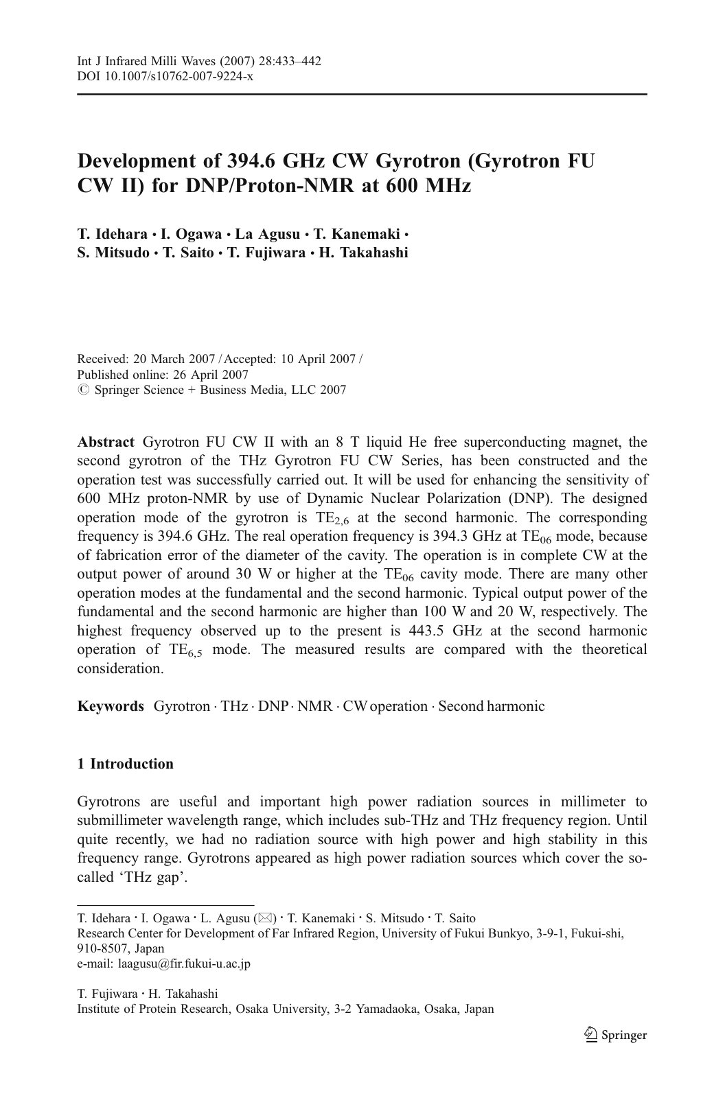 First page of Development of 394 6 GHz CW Gyrotron Gyr