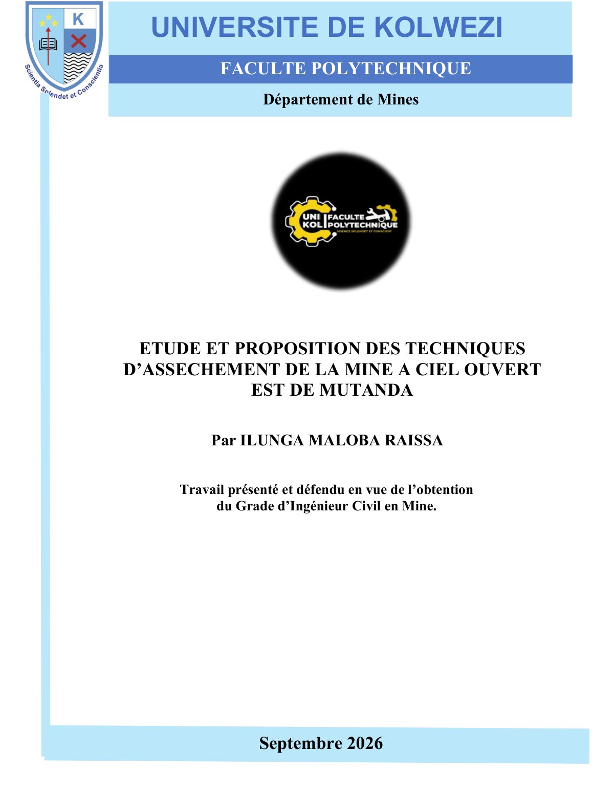 First page of ETUDE ET PROPOSITION DES TECHNIQUES D’ASSECHEMENT DE LA MINE A CIEL OUVERT EST DE MUTANDA