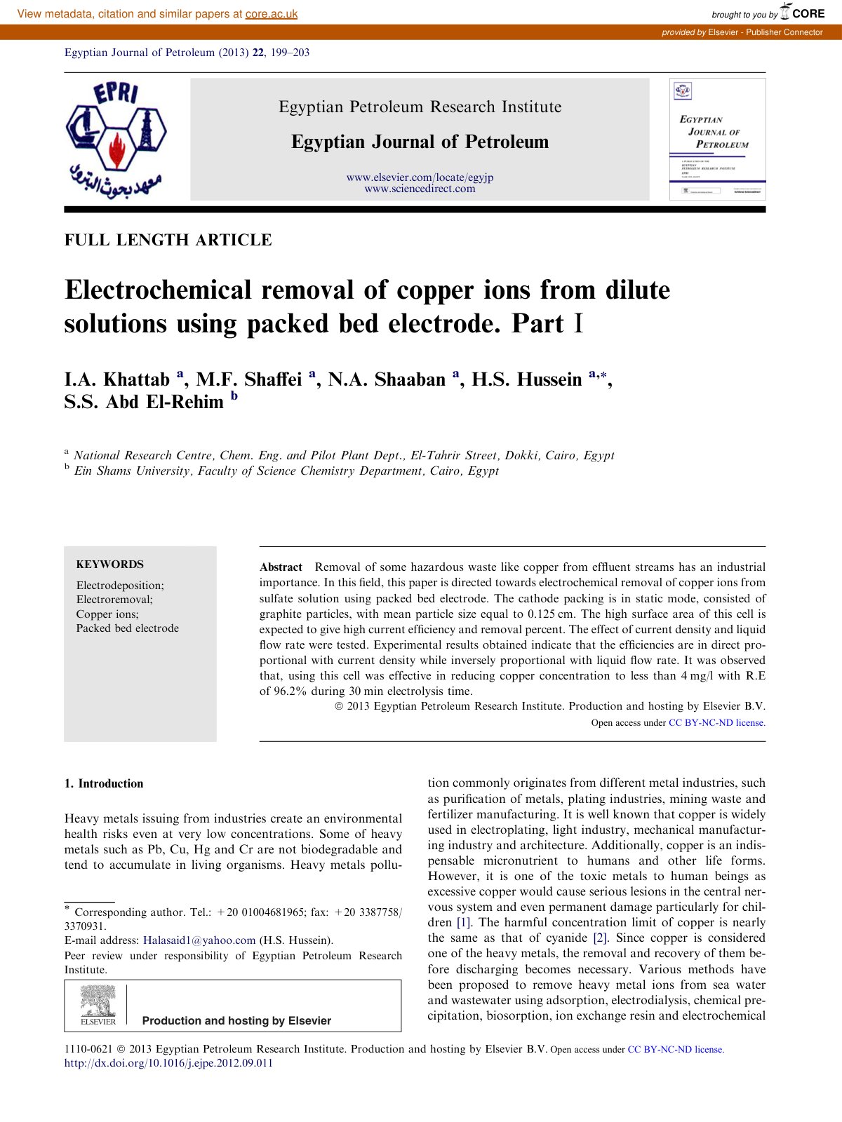 First page of Electrochemical removal of copper ions f