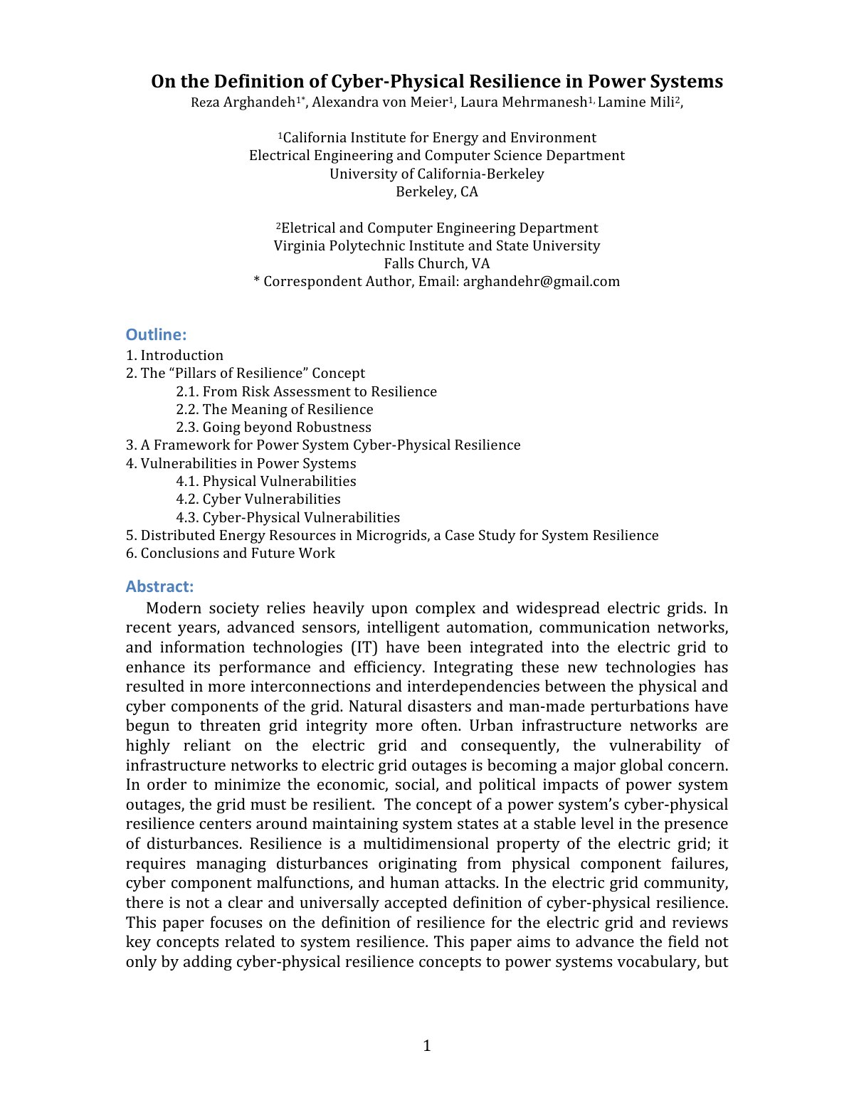 First page of On the Definition of Cyber-­‐Physical Resilience in Power Systems