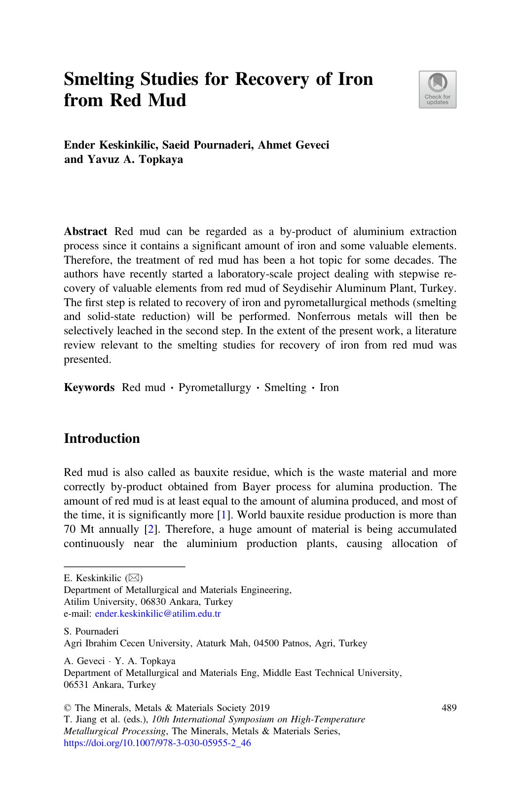 First page of Smelting Studies for Recovery of Iron fr