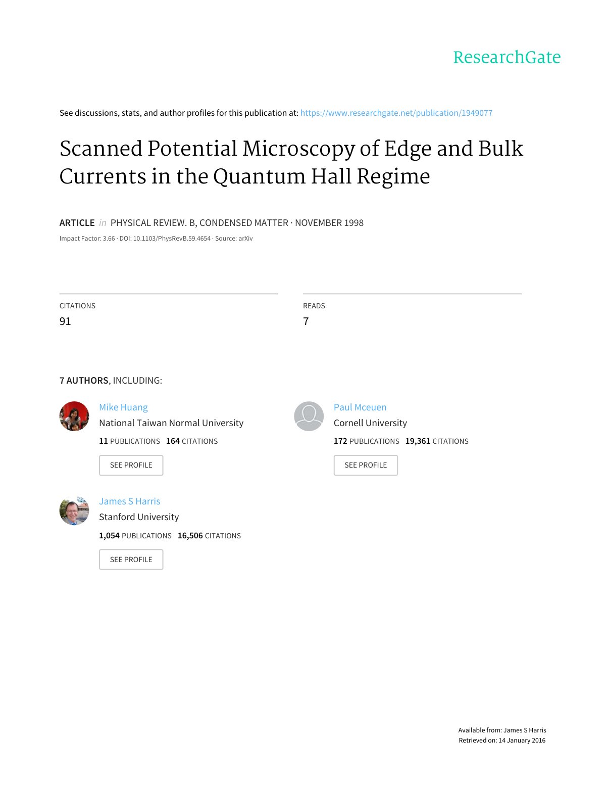First page of Scanned Potential Microscopy of Edge and Bulk Currents in the Quantum Hall Regime