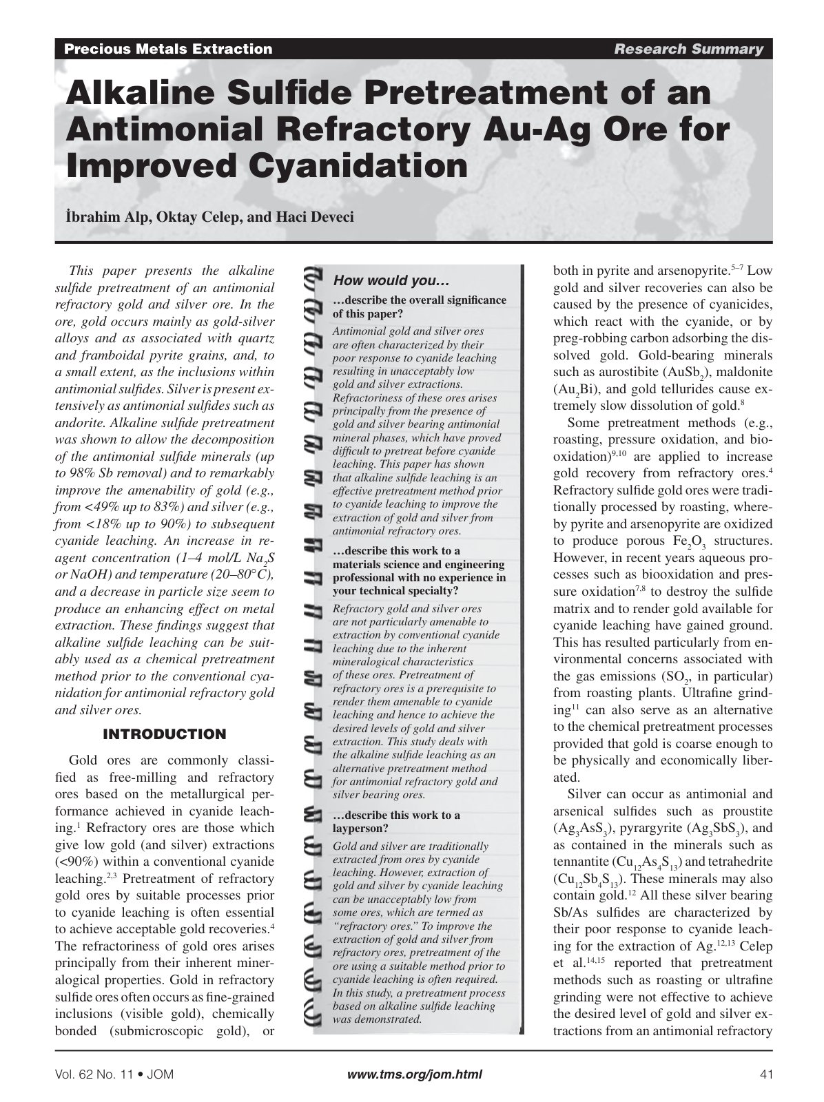 First page of alkaline sulfide pretreatment of an antimonial refractory Au Ag ore for improved cyanidation   Ibrahim Alp