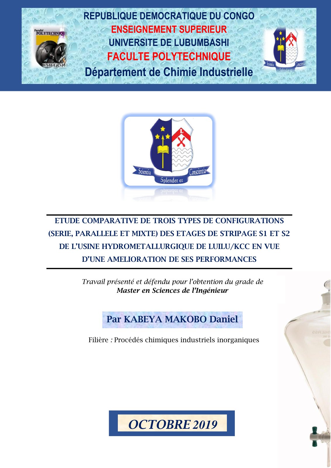 First page of ETUDE COMPARATIVE DE TROIS TYPES DE CONFIGURATIONS (SERIE, PARALLELE ET MIXTE) DES ETAGES DE STRIPAGE S1 ET S2 DE L’USINE HYDROMETALLURGIQUE DE LUILU/KCC EN VUE D’UNE AMELIORATION DE SES PERFORMANCES