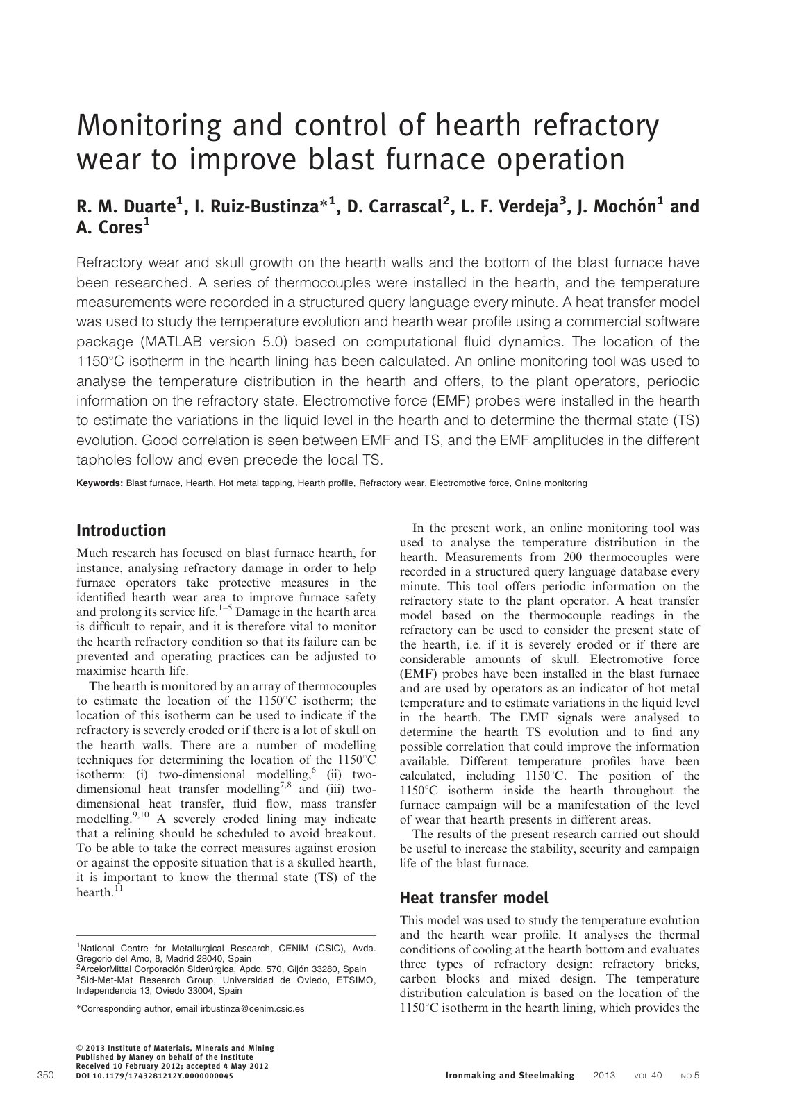 First page of Monitoring and control of hearth refract